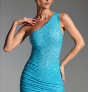 Oh Polly One-Shoulder Turquoise Sequin Mini Dress
